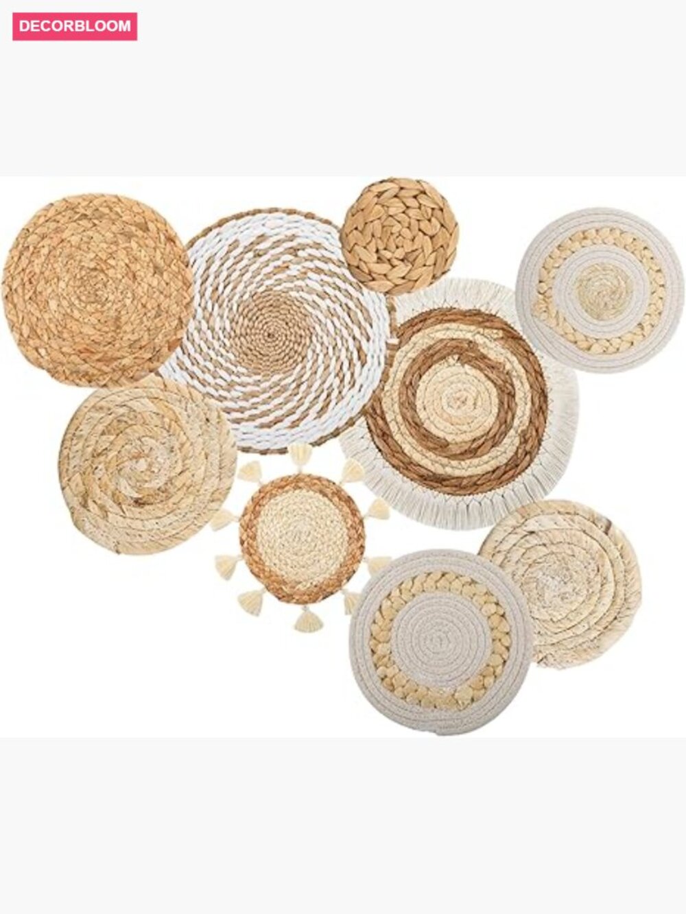Set of 9 Boho Woven Wall Baskets - Seagrass Rattan Hanging Decor
